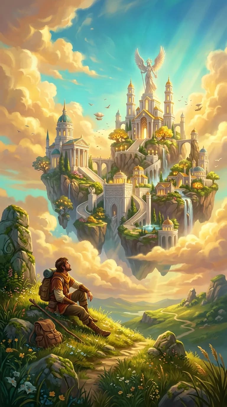 A traveler resting on a sunlit hillside, gazing at a luminous floating island among golden clouds