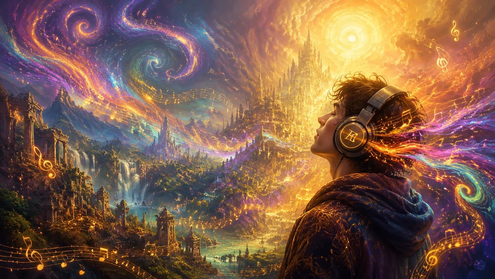 Glowing sound waves curling around a listener in an ancient stone courtyard