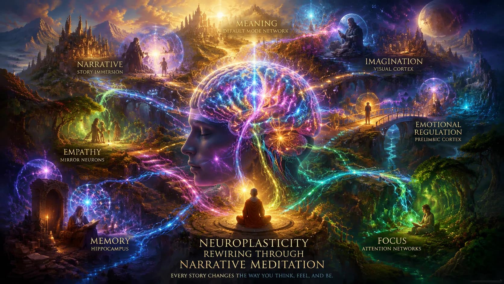 Neural pathways and brain connectivity representing how narrative meditation rewires neural circuits through neuroplasticity