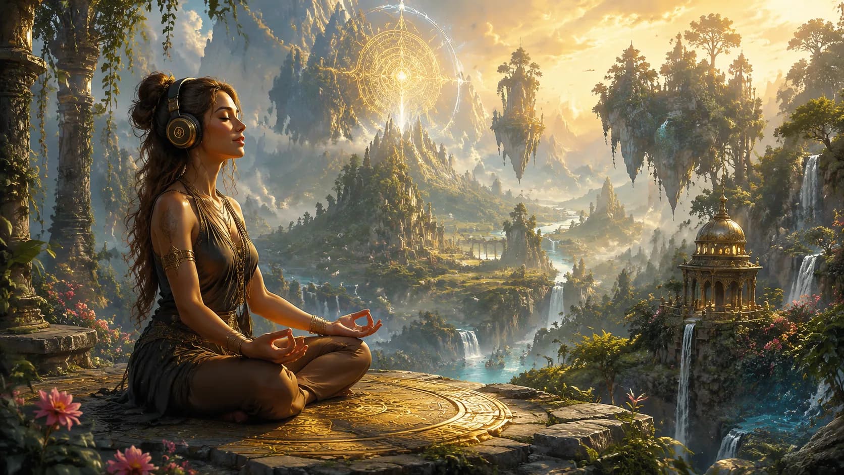 A person meditating with headphones surrounded by luminous sound wave visualizations in a serene environment