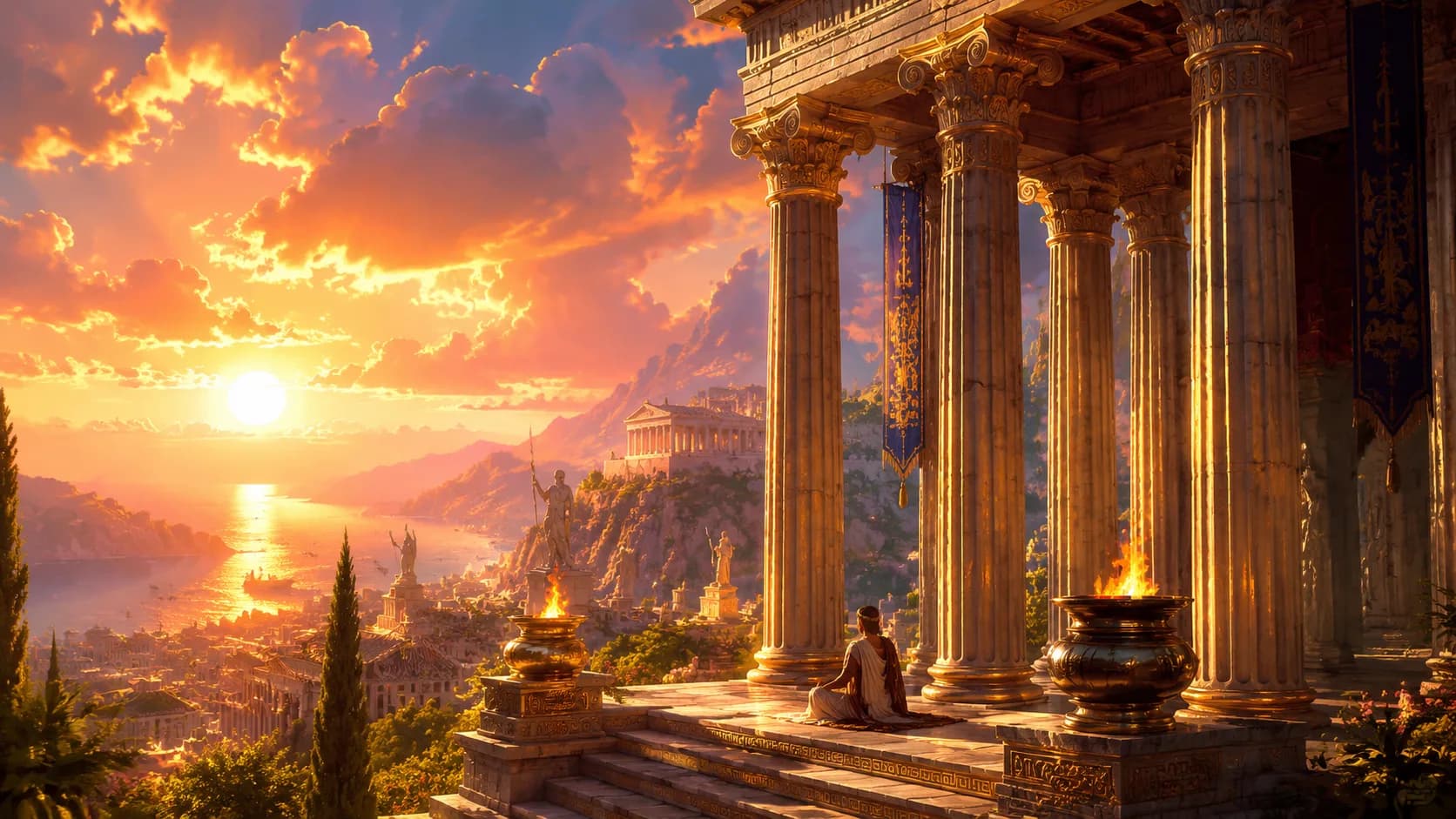Sunlit ancient city streets with marble columns and a listener imagining the scene