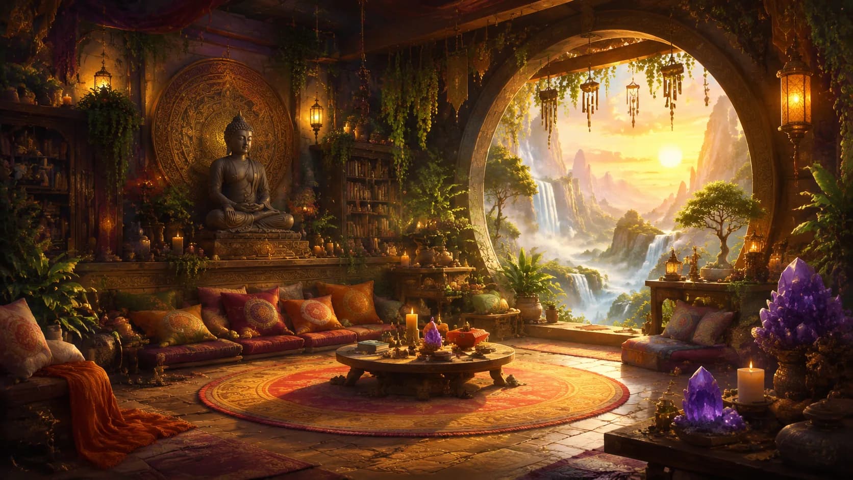 A warm home meditation space glowing with soft golden light, a person lying peacefully on a comfortable surface with headphones, surrounded by plants and gentle candlelight
