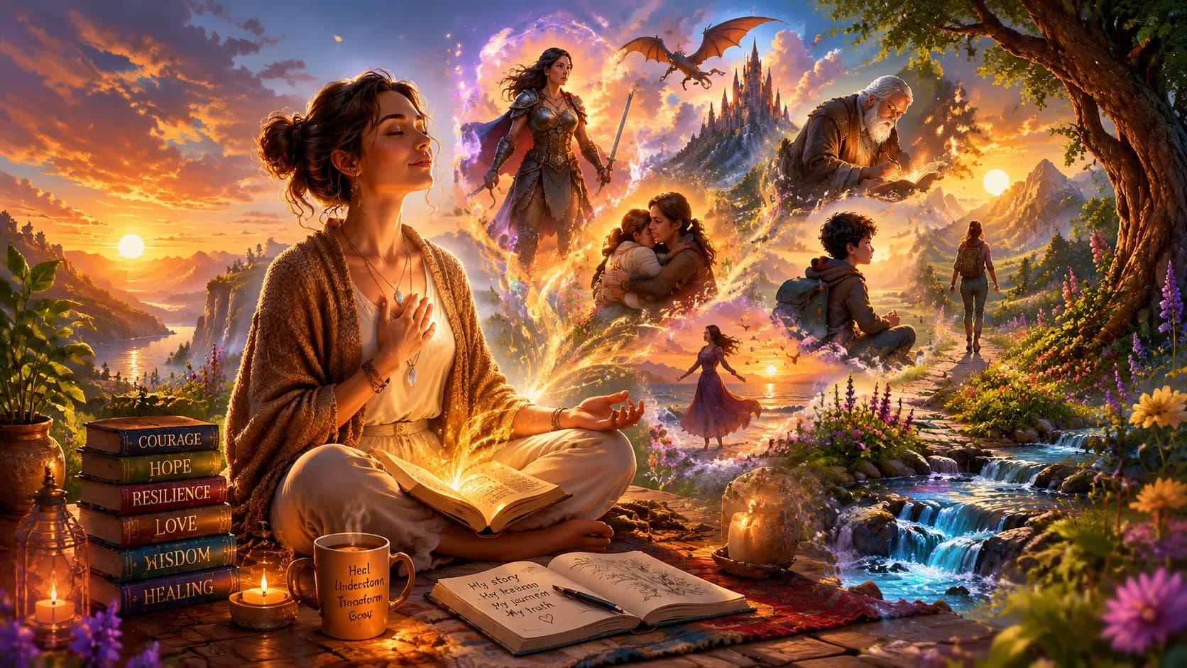 Peaceful meditation scene representing emotional healing through narrative experiences