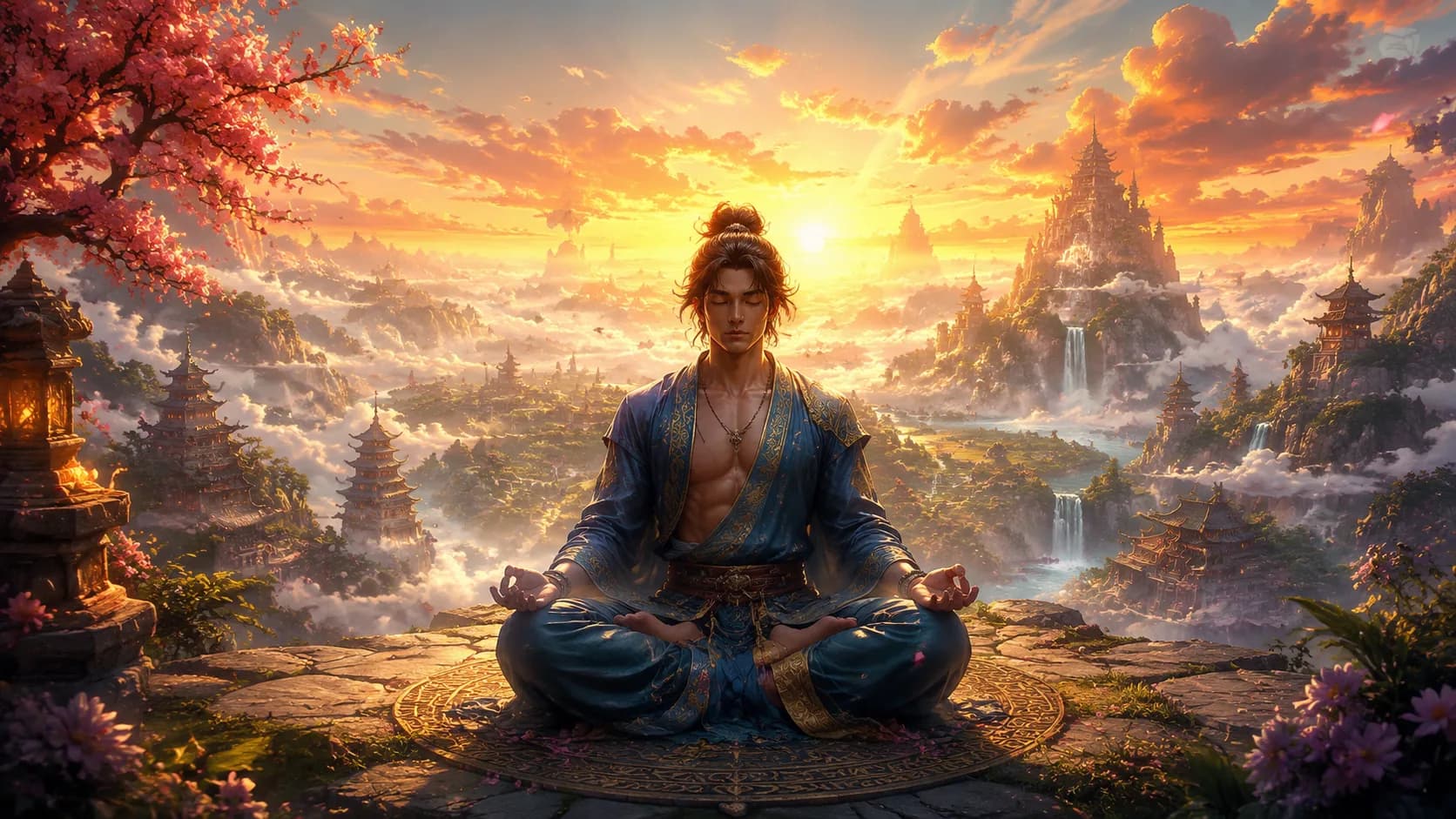 Cinematic painterly illustration of a serene meditation space with golden light streaming through arched windows, soft volumetric lighting, emerald and amber tones, majestic and calm atmosphere