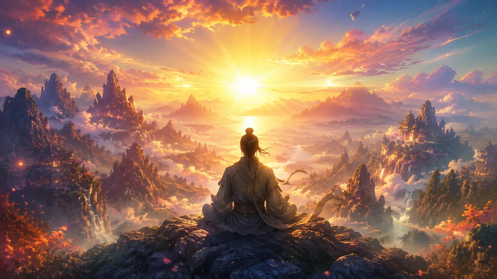 Person meditating at sunrise on a mountain peak, symbolising the heroic journey of personal growth and inner transformation