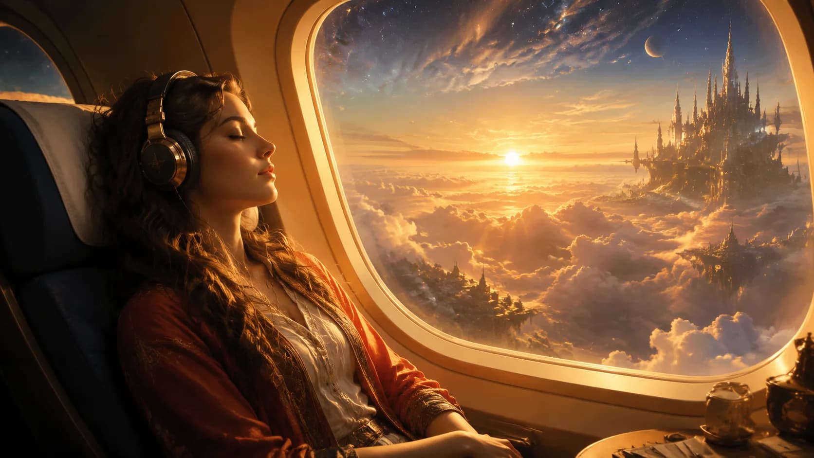 A lone passenger seated by a wide oval airplane window at cruising altitude, soft golden light pouring through the glass and illuminating drifting clouds below, the cabin bathed in a warm amber glow, headphones resting gently over their ears, eyes closed in serene stillness, stars beginning to appear on the horizon, epic cinematic digital art, hyper-detailed, exceptionally crisp and sharp focus, luminous volumetric lighting, highly vibrant and colorful palette, radiant sunlight, mythic fantasy atmosphere, Unreal Engine 5 render, concept art for epic magical world, 8k ultra detailed, 16:9