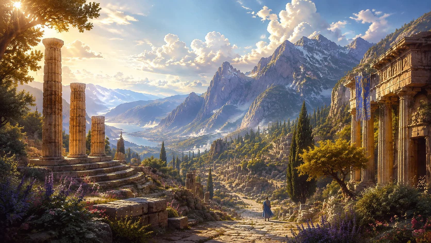 The sacred sanctuary of Delphi illuminated in golden light, stone terraces and ancient temples rising through laurel groves, a site of oracular wisdom and serene contemplation