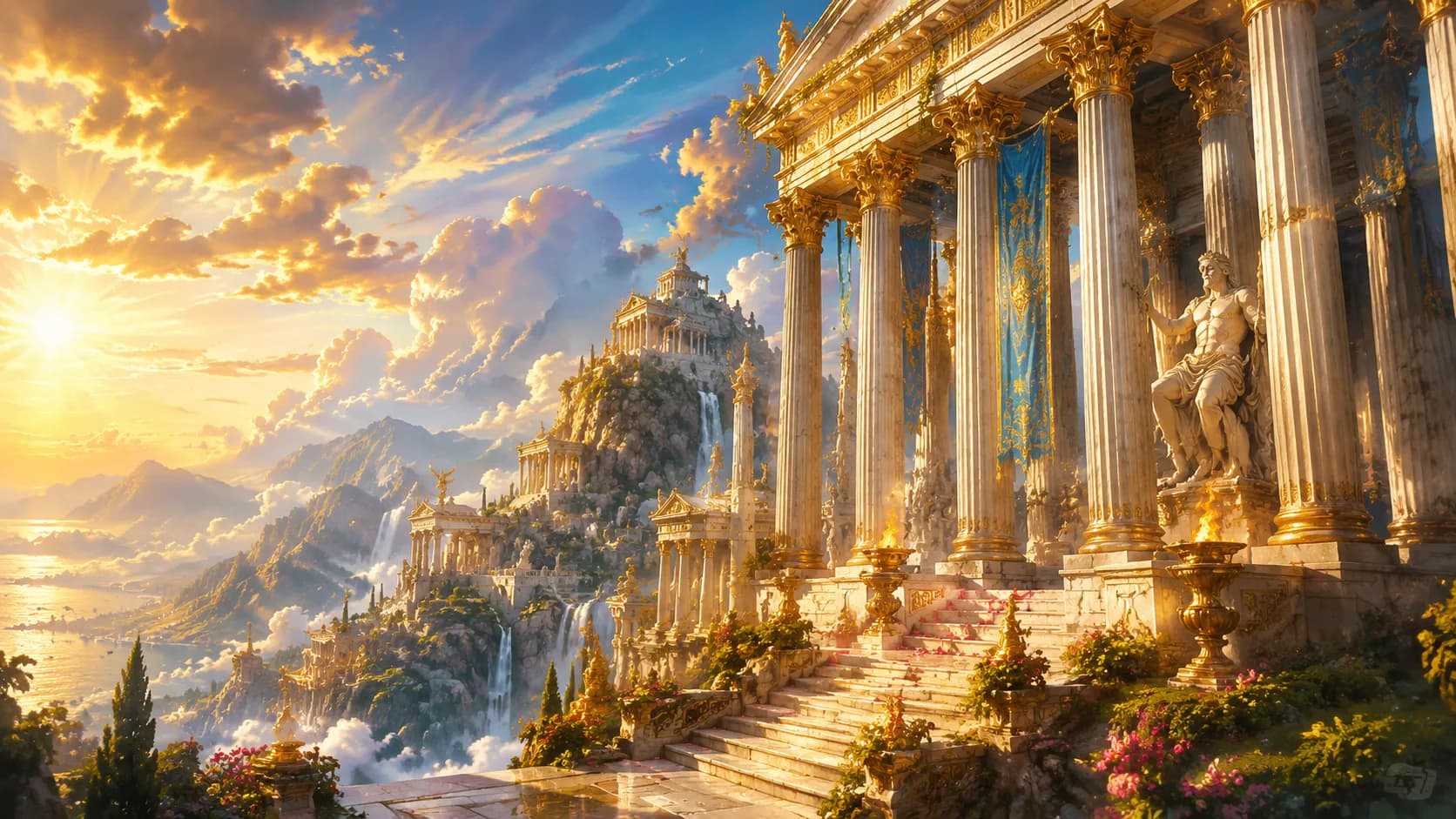 Ancient Greek temple columns evoking the grandeur of Zeus and Olympian mythology