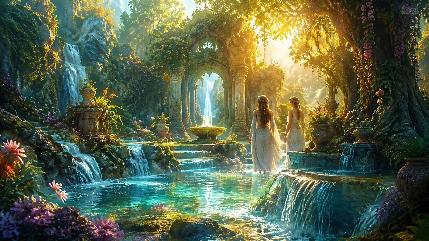 A mystical spring cascading through an ancient forest, evoking the legendary Fountain of Youth from world mythology
