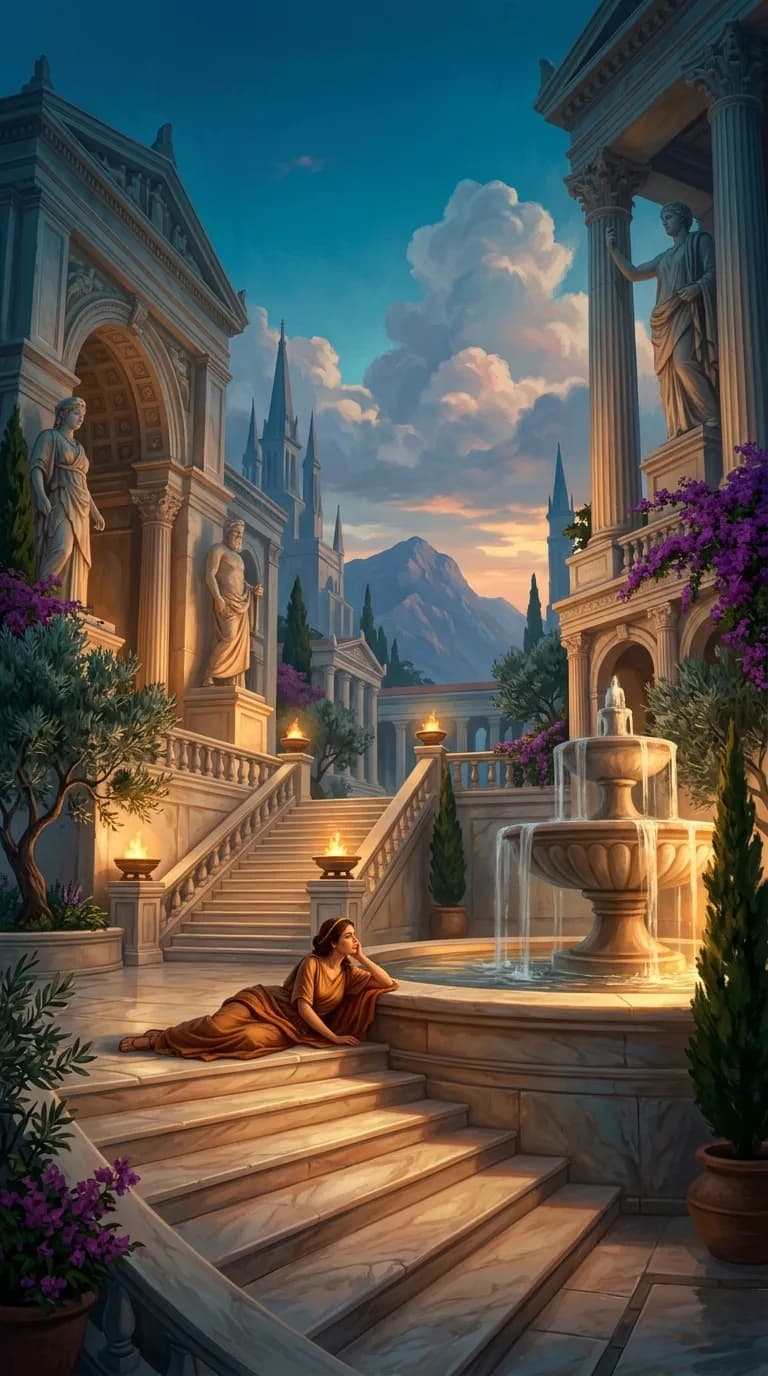 Person resting on warm marble steps beside a fountain in an ancient courtyard at dusk