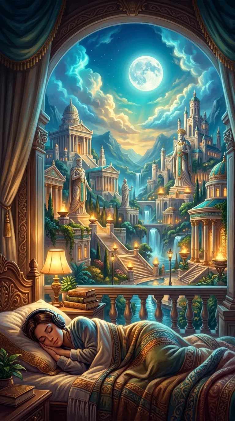 A sleeper in headphones rests in bed as an ancient moonlit city glows outside
