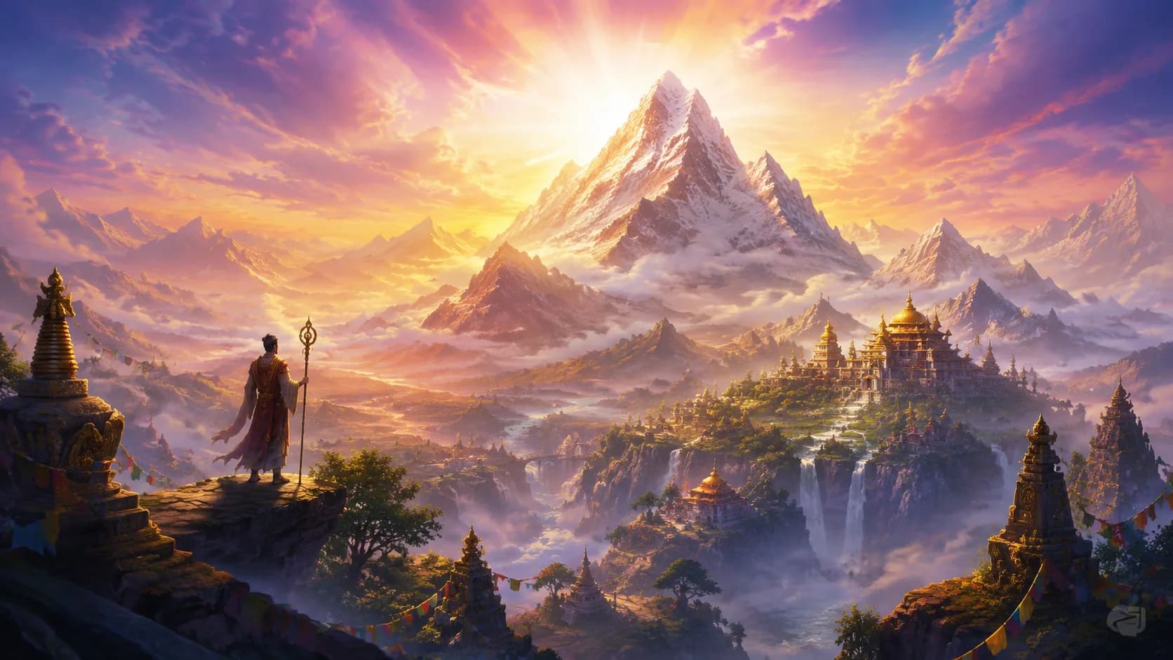 Sacred mountain at sunrise with mist representing the spiritual meaning of peaks across ancient civilisations