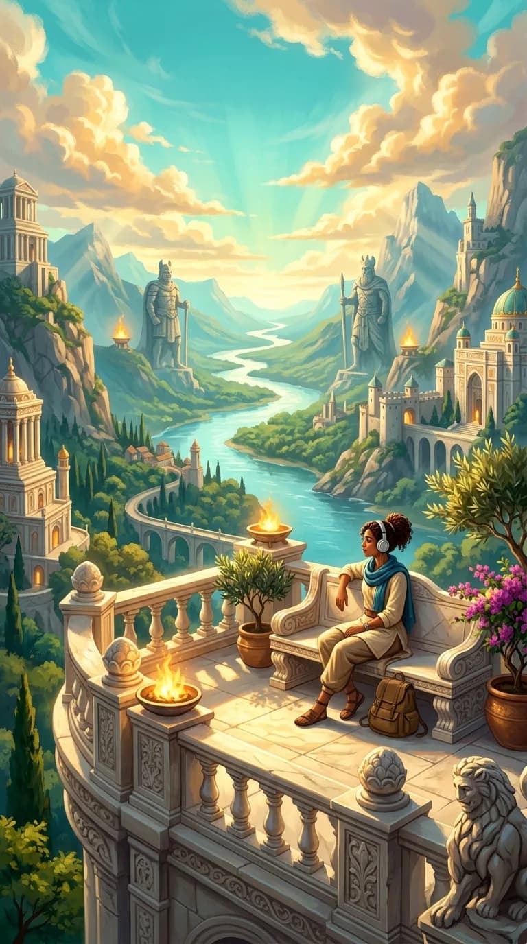 Traveler on a sunlit marble terrace wearing headphones, overlooking a calm river valley