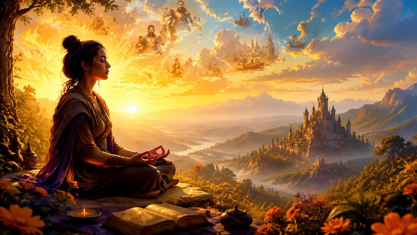 A traveler standing on a hilltop at sunrise above a quiet valley of villages