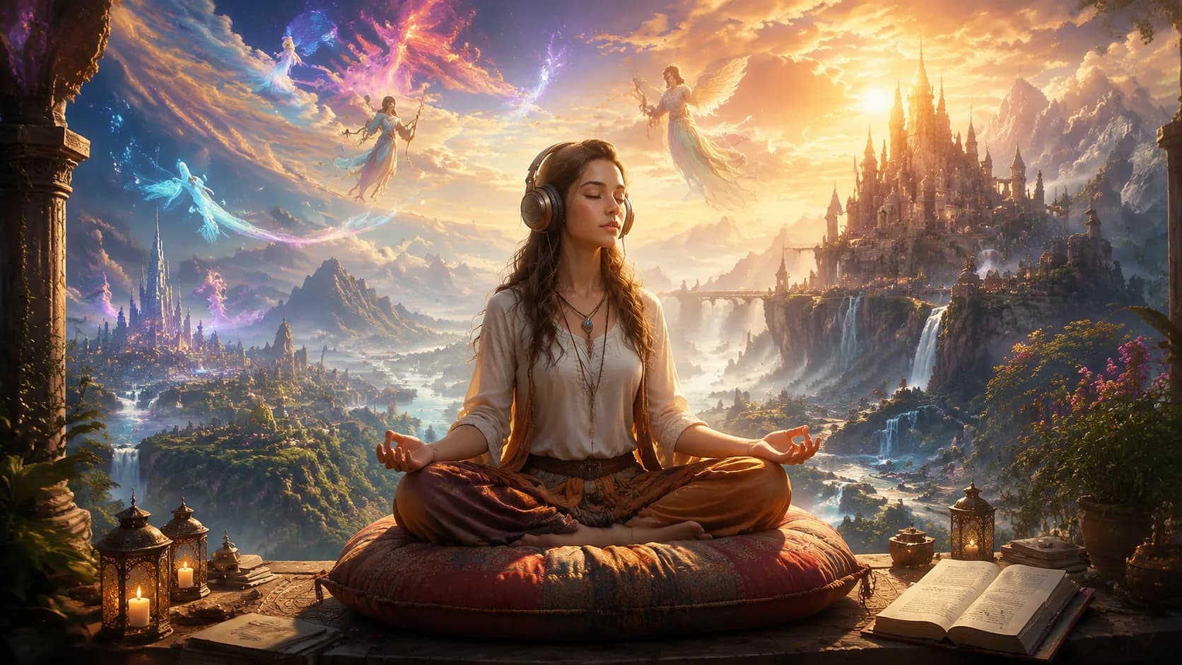 Person experiencing story meditation with headphones in peaceful meditation