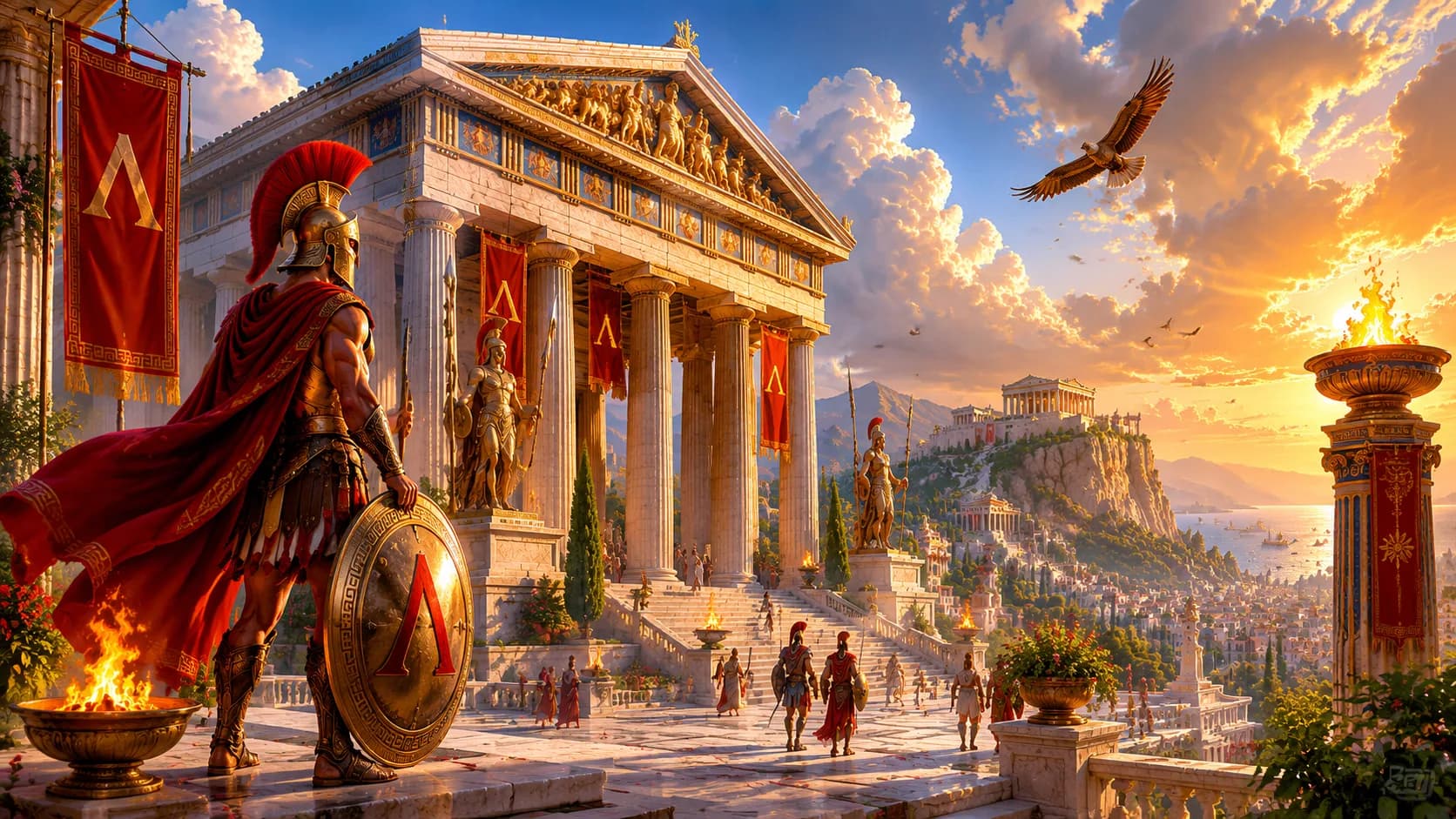 Sunlit Spartan sanctuary with stone columns and olive trees beside a quiet path