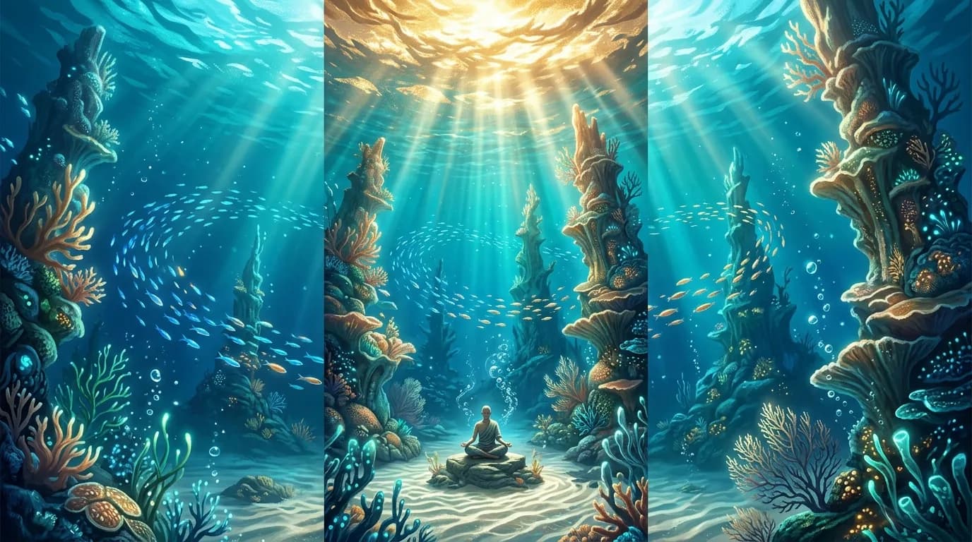 A serene luminous underwater world seen from below the ocean surface, shafts of golden sunlight piercing through turquoise water, schools of glowing fish drifting in slow spirals, ancient coral formations rising like cathedrals from the sandy floor, soft bioluminescent light pulsing from sea plants, a lone meditating figure seated cross-legged on the ocean bed surrounded by gentle currents and swirling air bubbles, the surface far above shimmering like hammered gold, vast sense of oceanic depth and silence, vibrant palette of sapphire blue, emerald teal, warm amber light, ivory sand, radiant and otherworldly yet profoundly peaceful atmosphere