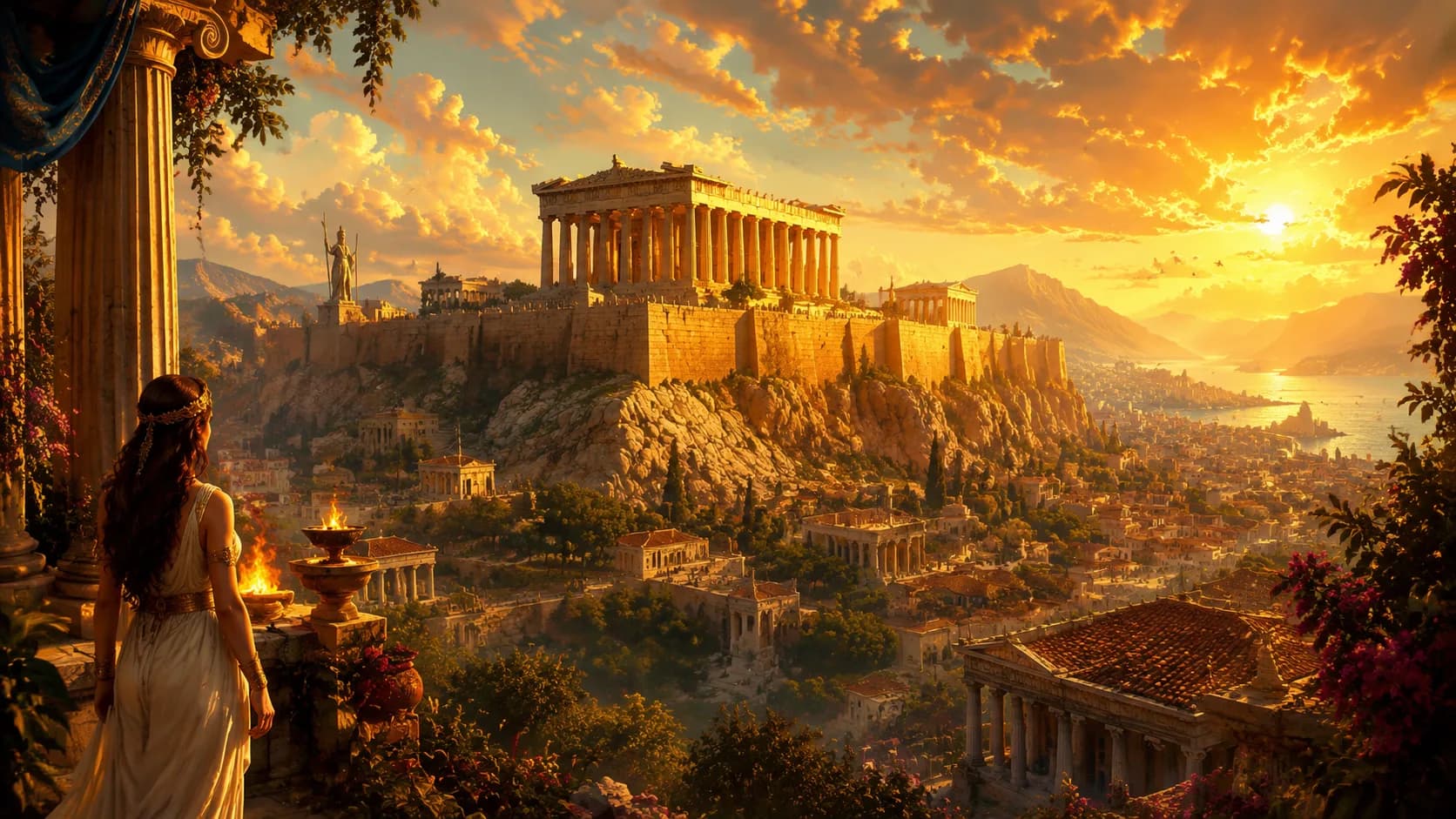 Sunset light over the Athens Acropolis with an empty stone street leading toward it