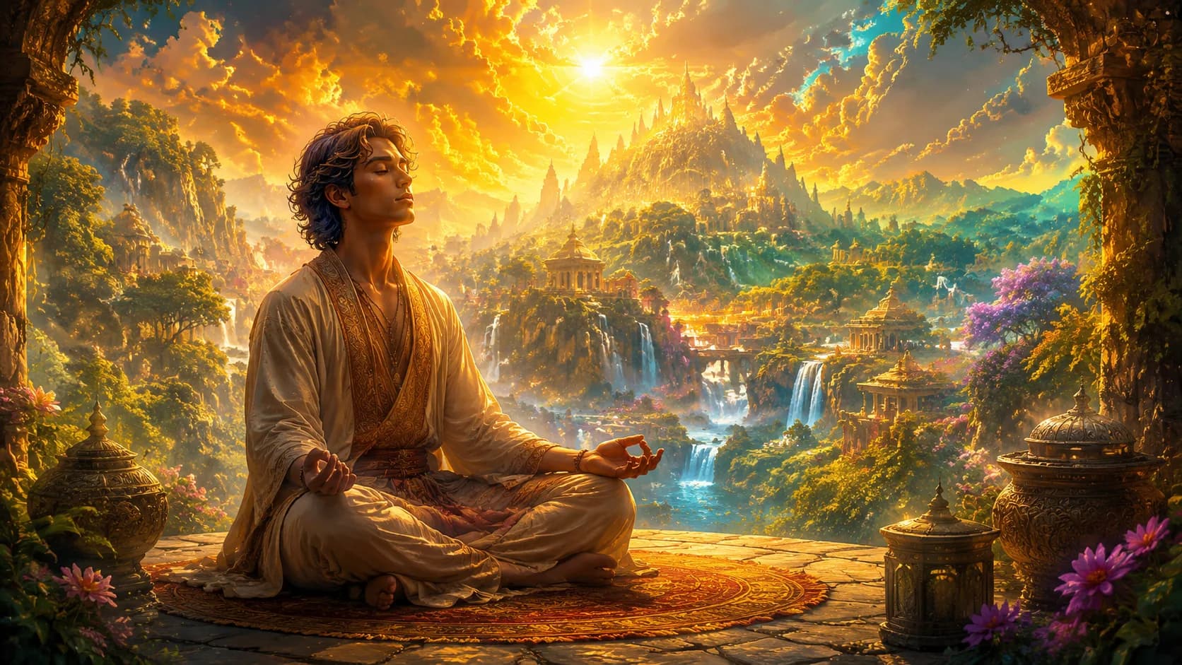 Person experiencing a peaceful visualization journey through guided meditation with eyes closed