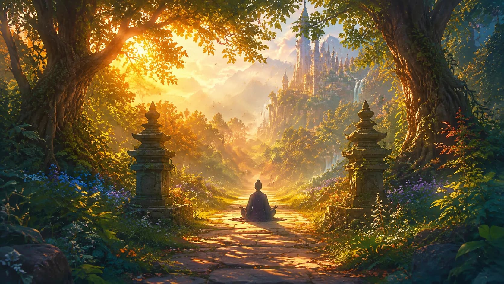 Ethereal forest path representing the immersive nature of experiential meditation
