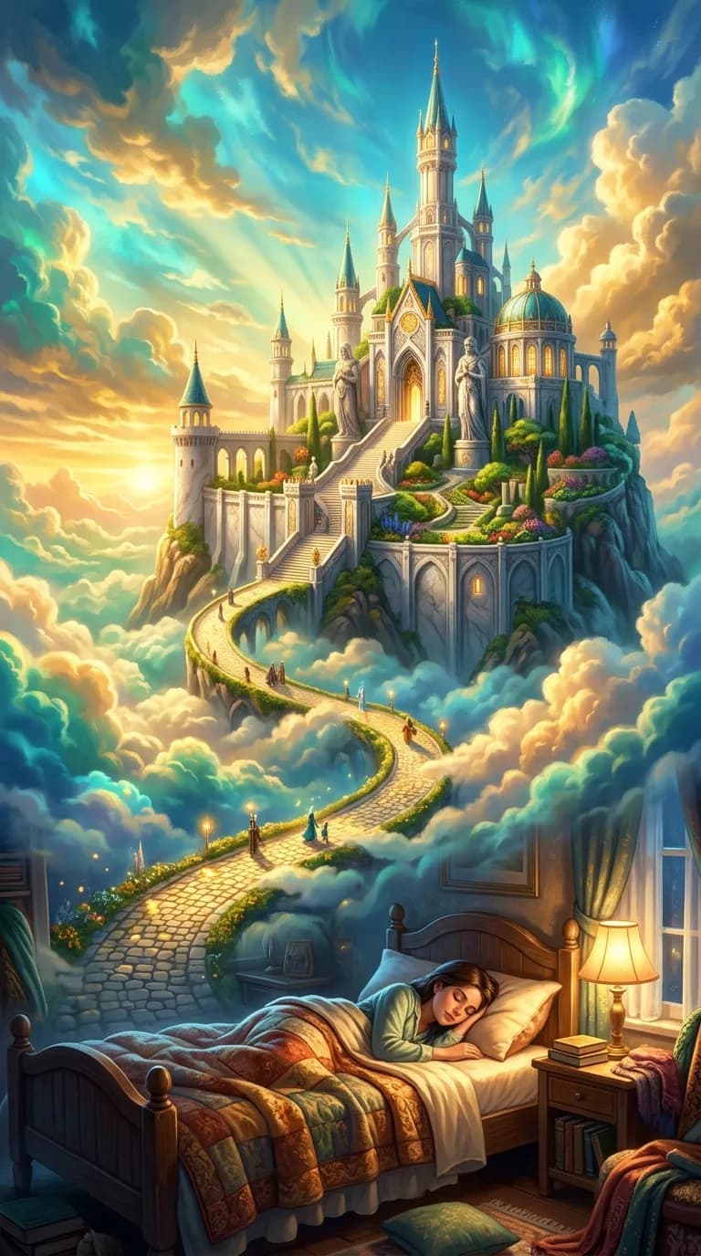 A person asleep in bed as a glowing castle and winding path drift through soft clouds