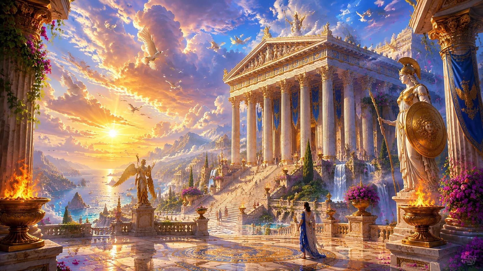 Ancient Greek temple with marble columns reaching toward the sky, evoking the grandeur of Olympian worship