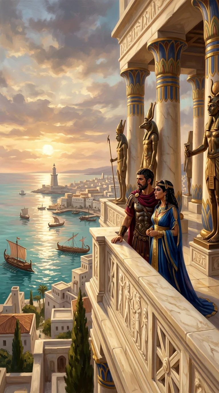 Golden sunset over ancient Egyptian palace representing Antony and Cleopatra's Alexandria